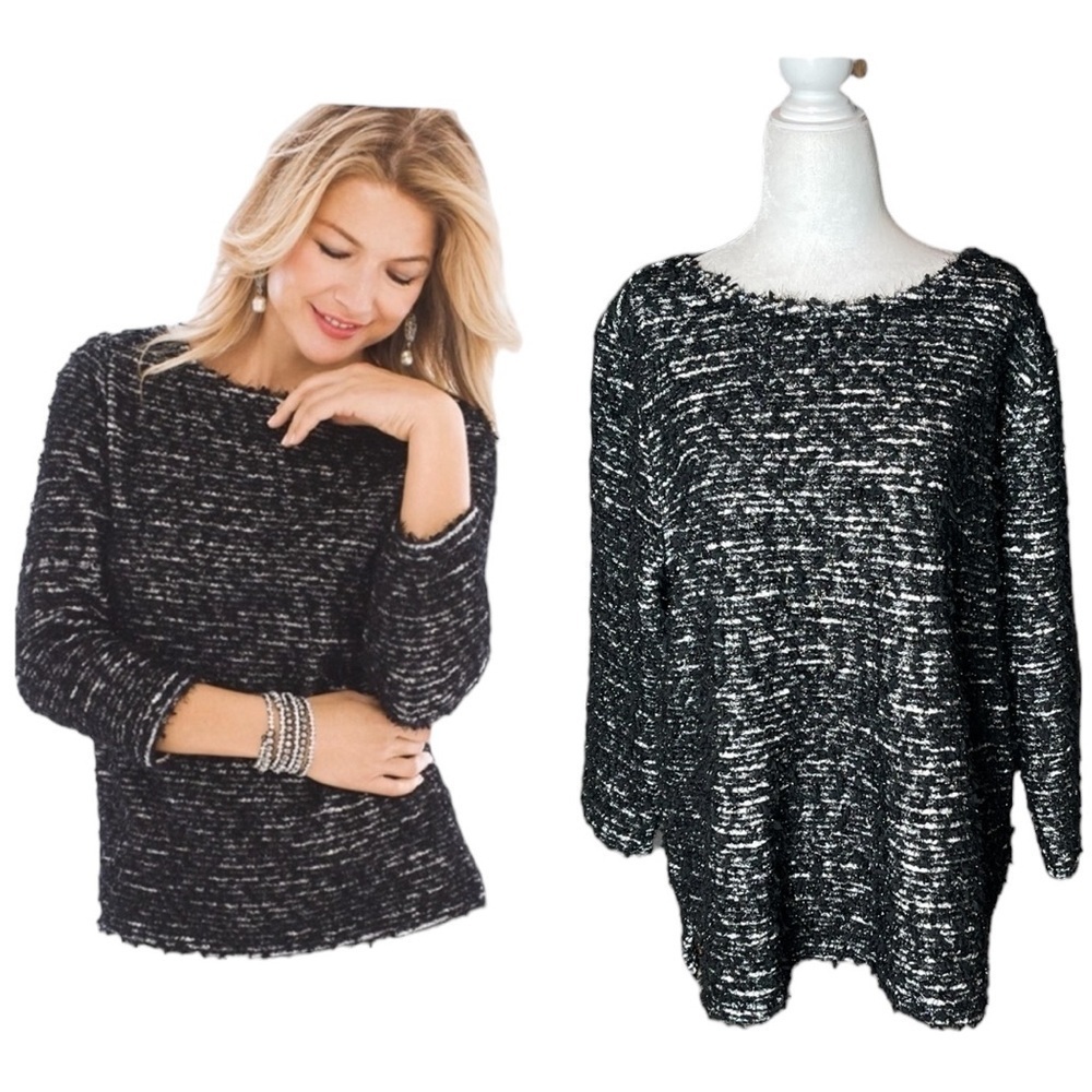 Chico’s Textured Black Metalic Sweater three-quarter sleeve blouse extra large 3